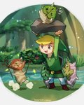 blonde_hair clothing footwear grass group hair humanoid_pointy_ears light_body light_skin male open_mouth open_smile plant pointy_ears rock shoes smile tree water blikeeeey nintendo the_legend_of_zelda wind_waker hollo_(tloz) irch_(tloz) makar rown_(tloz) toon_link humanoid hylian korok 2023 hi_res signature