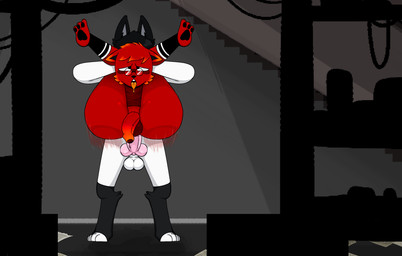 anthro black_ears black_inner_ear bouncing_butt butt clothing detailed_background duo eyewear full_nelson fur genitals glasses grey_hair grey_inner_ear hair holding_legs_up knee_highs knot legwear male male/male nude penis pink_penis red_body red_fur tongue white_body yellow_tongue altpho chefoxara_(oc) khaoz_(caos) arctic_fox canid canine fox mammal true_fox hi_res