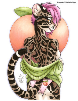 anthro black_body black_fur breasts brown_eyes butt clothed clothing female food fruit fur grey_body grey_fur hair inner_ear_fluff leopard_spots looking_back nipples panties peach_(fruit) pink_hair plant side_boob solo spots sweater topless topwear tuft underwear white_body white_fur white_inner_ear_fluff michele_light clouded_leopard felid mammal pantherine 2025 signature