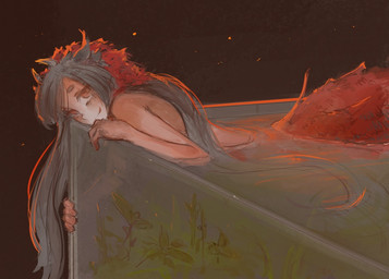 circle_eyebrows clothed clothing eyebrows female grey_hair hair horn legless long_hair looking_at_viewer partially_submerged plant red_eyes split_form topless wet_hair syvaron aquatic humanoid merfolk