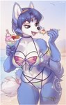 5_fingers abs accessory anthro arm_tuft beach big_breasts bikini blue_body blue_eyes blue_fur blue_hair blue_tail border breasts butt butt_from_the_front circlet claws clothing collarbone countershade_torso countershading cutlery day dessert dipstick_tail eating eating_food eating_ice_cream eyebrows eyelashes female finger_claws fingers food front_view fur furgonomics hair hair_accessory hairband handpaw hip_markings holding_food holding_object holding_spoon ice_cream jewelry kitchen_utensils leg_markings markings navel open_mouth outside paws ring sea short_hair shoulder_tuft sky solo spoon standing swimwear tail tail_accessory tail_jewelry tail_markings tail_ring teeth thick_thighs thighlet tongue tools tuft two-piece_swimsuit water white_body white_border white_fur wide_hips iskra nintendo star_fox krystal_(star_fox) canid canine fox mammal 2025 digital_media_(artwork) hi_res