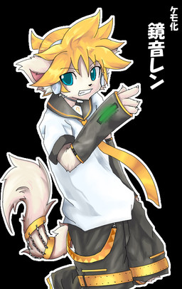 accessory alternate_species anthro armwear biped black_background blonde_hair clothed clothed_anthro clothed_male clothing detached_sleeves fur furgonomics furrification hair male male_anthro necktie simple_background solo standing tail tail_accessory tan_body tan_fur text three-quarter_view kemorate kagamine_len felid mammal 2007 digital_media_(artwork) japanese_text