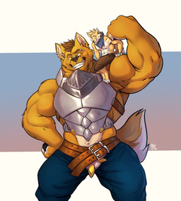 anthro arm_tuft armor armpit_hair belt blue_bottomwear blue_clothing blue_kerchief blue_neckerchief blue_pants body_hair bottomwear brown_belt brown_bottomwear brown_clothing brown_pants carrying_another cheek_tuft clothed clothing duo ear_piercing ear_ring elbow_tuft extreme_size_difference eyebrow_piercing eyebrow_ring facial_piercing facial_tuft front_view fur grin kerchief male multiple_piercings muscular muscular_anthro muscular_male navel neck_tuft neckerchief neckwear on_shoulder orange_body orange_fur orange_pupils pants piercing pupils ring_piercing simple_background sitting size_difference smile standing tuft white_body white_fur yellow_body yellow_eyes yellow_fur solaxe_(artist) solaxe canid canine mammal hi_res