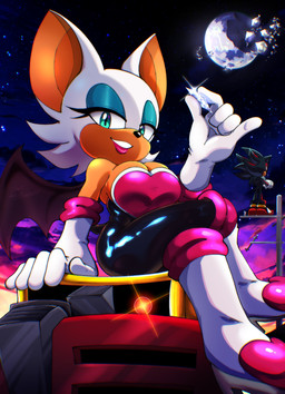 anthro armwear big_breasts bodysuit boots breasts clothing crossed_legs duo elbow_gloves eyelashes eyeshadow female female_focus footwear gem gloves green_eyes handwear high_heeled_boots high_heels holding_gem holding_object makeup male moon shoes sitting skinsuit smile tan_body tight_clothing kad_productionz sega sonic_the_hedgehog_(series) e-123_omega rouge_the_bat shadow_the_hedgehog bat eulipotyphlan hedgehog mammal 2025 absurd_res hi_res