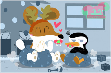 anthro blush clean_diaper clothed clothing diaper diaper_only duo female heart_symbol holidays male object_in_mouth pacifier pacifier_in_mouth topless wearing_diaper floofmoth christmas martini_(olive_the_other_reindeer) olive_(olive_the_other_reindeer) avian bird canid canine canis domestic_dog mammal penguin hi_res