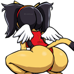 black_hair butt clothing crouching dipstick_tail feathered_wings feathers female fur hair kneeling markings one-piece_swimsuit simple_background swimwear tail tail_markings white_background wings yellow_body yellow_fur parukoenjoyer sega sonic_the_fighters sonic_the_hedgehog_(series) honey_the_cat domestic_cat felid feline felis mammal 1:1 2026 absurd_res hi_res
