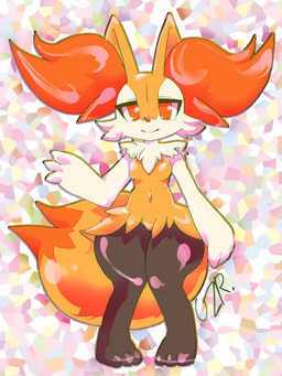 3_fingers 3_toes abstract_background anthro arm_tuft big_tail biped black_body breasts cheek_tuft chest_tuft closed_smile dipstick_tail eyelashes facial_tuft featureless_breasts feet female female_anthro fingers front_view fur hip_tuft inner_ear_fluff knock-kneed looking_at_viewer markings mouth_closed multicolored_body multicolored_fur nude nude_anthro nude_female orange_body orange_eyes orange_fur orange_inner_ear_fluff orange_nose orange_tail_tip pointy_ears prick_ears shoulder_tuft small_breasts smile solo standing tail tail_markings tapering_snout thick_eyelashes toes tuft two_tone_tail white_body white_fur yellow_body yellow_fur yellow_tail quail_00n0 nintendo pokemon braixen canid generation_6_pokemon mammal pokemon_(species) 2021 3:4 colored digital_drawing_(artwork) digital_media_(artwork) full-length_portrait portrait shaded signature