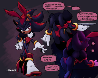 andromorph annoyed anthro bent_over black_body butt camel_toe chest_tuft clothing dialogue fake_ears fake_rabbit_ears femboy footwear gloves gradient_background handwear high_heels intersex jacket leotard offscreen_character red_eyes red_stripes shoes simple_background solo speech_bubble stripes tail tan_body tan_skin text topwear tuft somedivs sega sonic_the_hedgehog_(series) shadow_the_hedgehog eulipotyphlan hedgehog mammal english_text hi_res signature