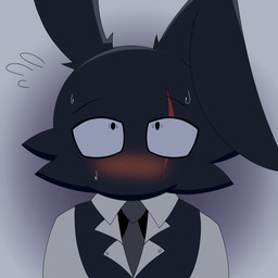 accessory anthro big_ears biped black_body black_fur blush bodily_fluids clothed clothing eyebrows floppy_ears fur looking_up male mouthless necktie scar simple_background solo standing sweat topwear dude_named_bob sabgong vincent_(sabgong) lagomorph leporid mammal rabbit 1:1 absurd_res hi_res