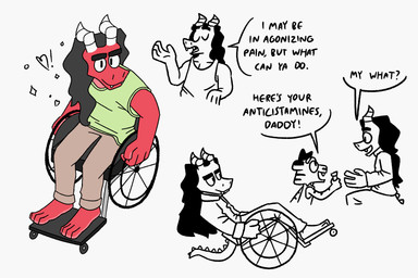 anthro bottomwear clothed clothing disability duo fangs fully_clothed hair horn long_hair male pants shirt simple_background sitting smile tail tank_top teeth text topwear vehicle wheelchair patshi mythology charlie_buckley sigmund_buckley dragon felid mammal mythological_creature mythological_scalie pantherine scalie tiger 3:2 digital_media_(artwork) english_text hi_res line_art trans_(lore) trans_man_(lore)
