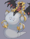 2022 absurd_res ambiguous_gender armor belly belly_rub belly_squish big_belly bird's-eye_view black_body body_armor claws digital_drawing_(artwork) digital_media_(artwork) disembodied_hand duo eyes_closed featureless_crotch feet feral generation_4_pokemon giratina grey_background grey_body hand_on_belly happy hexapod hi_res high-angle_view legendary_pokemon lying markings multicolored_body nintendo nude on_back open_mouth open_smile overweight overweight_ambiguous overweight_feral pokemon pokemon_(species) red_markings simple_background smile solo_focus spikes spikes_(anatomy) squish tail thick_tail wide_crotch wings xeniyy
