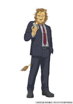 anthro bottomwear cigarette clothed clothing copyright_symbol fire footwear hand_in_pocket jacket lighter male necktie pants pockets shirt shoes simple_background smoking solo suit symbol topwear white_background orange_co. beastars ibuki_(beastars) felid lion mammal pantherine absurd_res hi_res official_art