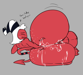 anthro balls big_butt bodily_fluids butt genital_fluids genitals hair horn huge_butt looking_at_viewer male nude red_body simple_background solo tail text thick_thighs white_hair wide_hips gaze_(artist) hellaverse helluva_boss moxxie_(helluva_boss) demon humanoid imp absurd_res digital_media_(artwork) hi_res