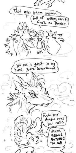 antennae_(anatomy) anthro dialogue duo ear_piercing ear_ring female horn hypnosis magic mind_control onomatopoeia piercing ring_piercing ringed_eyes round_ears sound_effects speech_bubble text pineconepaladin mythology cypress_(pineconepaladin) jayde_(pineconepaladin) dragon hyena mammal mythological_creature mythological_scalie scalie 2025 absurd_res english_text hi_res long_image monochrome sketch tall_image