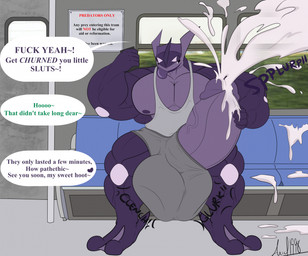 after_vore anthro bodily_fluids clothing cock_vore cum cum_on_ground cum_on_seat cum_vore dialogue digestion electronics excessive_cum excessive_genital_fluids feet genital_fluids genitals hand_on_penis looking_at_genitalia looking_at_penis male membrane_(anatomy) nipples onomatopoeia penile penis phone phone_call profanity public_transportation purple_body purple_eyes purple_skin retracted_balls shirt sign solo sound_effects speech_bubble tank_top text toes tongue tongue_out topwear train underwear vehicle vein veiny_penis vore webbed_feet kiuhkobold nintendo pokemon yoru_(retrodeadpool) generation_6_pokemon greninja pokemon_(species) english_text hi_res signature