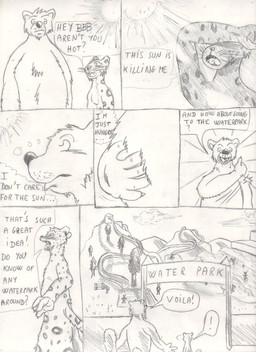 amusement_park anthro belly dialogue duo exclamation_point fur hand_on_belly hungry light male male/male outside sign slide snapping_fingers standing sun sunlight swimming_pool text thought thought_bubble water_park water_slide bigbadbear big_bad_bear bear felid jaguar mammal pantherine comic english_text graphite_(artwork) multiple_scenes traditional_media_(artwork)