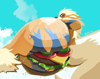 anthro bodily_fluids burger butt butt_focus cloud eye_bags female food food_fetish food_play fruit fur fur_on_legs looking_back lying nude outside pickle_(food) plant sand solo striped_body striped_fur stripes sweat tail tomato tuft blokkie nintendo pokemon arcanine canid canine generation_1_pokemon mammal pokemon_(species) absurd_res hi_res