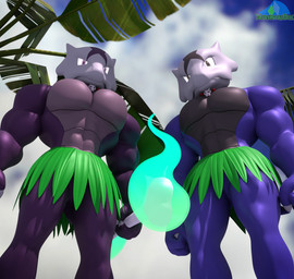anthro big_muscles big_pecs black_body black_eyes black_skin blue_body blue_fire blue_skin blue_sky bone bottom_pov colored_fire duo eyebrows fire holding_bone huge_pecs jewelry leaf_skirt looking_at_viewer looking_down looking_down_at_viewer male male/male muscular muscular_male necklace outside palm_tree pecs plant purple_body purple_eyes purple_skin raised_eyebrow skull sky standing tail tree albalbalb nintendo pokemon alolan_form alolan_marowak generation_7_pokemon pokemon_(species) regional_form_(pokemon) 2026 3d_(artwork) digital_media_(artwork) hi_res watermark