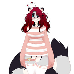 ahoge anthro blue_eyes blush choker clothing ear_piercing female front_view hair jewelry legwear long_hair necklace pattern_clothing pattern_shirt pattern_topwear piercing shirt simple_background solo stockings striped_clothing striped_shirt striped_topwear stripes tail topwear white_background white_clothing white_legwear white_stockings nollya nollya_(character) felid feline mammal 1:1 colored digital_drawing_(artwork) digital_media_(artwork) hi_res shaded