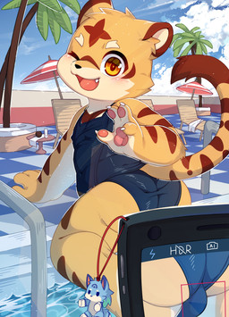 4_fingers 4_toes anthro bulge butt camera camera_view claws clothing curling_toes feet finger_claws fingers fur looking_at_viewer looking_back looking_back_at_viewer male nipple_outline nude one-piece_swimsuit one_eye_closed open_mouth outside partially_submerged pawpads paws school_swimsuit slightly_chubby solo swimming_pool swimwear taking_picture toe_claws toes water white_body wink yellow_body yellow_fur young young_anthro lio29227541 felid mammal pantherine tiger absurd_res hi_res