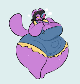 anthro belly big_belly big_breasts black_hair blue_hair breasts cleavage clothed clothing eye_through_hair fangs female fur hair highlights_(coloring) huge_belly huge_breasts huge_hips huge_thighs looking_aside open_mouth open_smile overweight overweight_anthro overweight_female purple_body purple_fur purple_hair smile solo teeth thick_thighs translucent translucent_hair wide_hips yellow_sclera swallowpancakes undertale_(series) catty_cattenheimer domestic_cat felid feline felis mammal hi_res