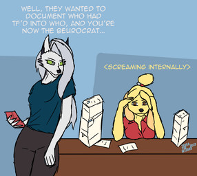 5_fingers anthro biped black_nose blonde_hair blue_background blue_clothing blue_shirt blue_t-shirt blue_topwear bottomwear breast_rest breasts brown_bottomwear brown_clothing brown_nose brown_pants cellphone cheek_tuft clothed clothing collared_shirt container desk dialogue duo electronics facial_tuft female fingers front_view frown fully_clothed fur furniture fusion green_eyes green_sclera grey_hair hair hand_on_head hand_on_own_head holding_cellphone holding_object holding_phone humor leaning_on_table looking_at_another looking_at_viewer medium_breasts medium_hair monotone_body monotone_fur multicolored_body multicolored_fur orange_eyes pants paper paper_stack phone red_clothing red_shirt red_t-shirt red_topwear shirt simple_background smartphone snout_from_the_front standing t-shirt table text topwear transformation tuft two_tone_body two_tone_fur white_body white_eyes white_fur yellow_body yellow_fur terrathewizard animal_crossing hellaverse helluva_boss mythology nintendo isabelle_(animal_crossing) loona_(helluva_boss) terra_(terrathewizard) canid canid_demon canine canis demon domestic_dog hellhound mammal mythological_canine mythological_creature shih_tzu toy_dog wolf 2023 character_request crossover dated digital_media_(artwork) english_text signature