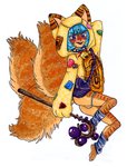 2_toes 3_tails anthro bag bandage bandaged_leg bell biped black_nose blue_collar blue_eyes blue_hair brown_body brown_fur butt clothed clothing collar eyebrows eyeshadow fangs feet femboy fluffy fluffy_tail footwear freckles fur hair holding_object hoodie makeup male multi_tail open_mouth patch_(fabric) purple_eyeshadow sharp_teeth short_hair shoulder_bag solo staff striped_body striped_fur stripes tail teeth toes topwear iijackie3678ii canid canine fox mammal absurd_res colored detailed hi_res traditional_media_(artwork)