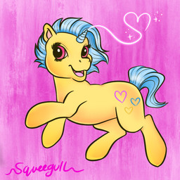 1_horn ambiguous_feral ambiguous_gender blue_hair blue_horn blue_tail cutie_mark eyelashes feral hair heart_(marking) horn markings open_mouth pink_eyes side_view simple_background smile solo spiral_horn tail text yellow_body young young_ambiguous young_feral squeegull fluffy_pony hasbro my_little_pony mythology equid equine mammal mythological_creature mythological_equine unicorn 1:1 2025 artist_name digital_media_(artwork) english_description hi_res