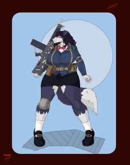 5_fingers aa-12 anthro big_breasts biped border bow_ribbon breasts clothed clothing college_student elbow_pads enamel_pin eye_through_hair eyebrow_through_hair eyebrows eyelashes eyelashes_through_hair eyewear female fingernails fingers floppy_ears fluffy fluffy_tail footwear front_view fully_clothed fur glasses gun hair hair_over_eye knee_pads long_hair mouth_closed nails pigeon_toed plantigrade ranged_weapon red_border shell_(projectile) shoes shotgun shotgun_shell snout socks solo standing sticker tactical_gear tail translucent translucent_hair uniform weapon apyr12 colette_catchlove border_collie canid canine canis collie domestic_dog herding_dog mammal pastoral_dog sheepdog 2025 absurd_res full-length_portrait hi_res portrait