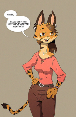 accessory anthro bottomwear bracelet breasts brown_hair clock clothing ear_piercing ear_ring facial_markings fangs female fur hair hair_accessory hairclip hands_on_hips head_markings head_tuft jewelry long_hair long_neck long_sleeve_shirt long_tail looking_aside markings notched_ear open_mouth orange_eyes pants piercing pupils ring_piercing simple_background slit_pupils solo speech_bubble spots spotted_body spotted_fur striped_markings stripes tail teeth text tuft watch wristwatch ruffu unnamed_character felid feline mammal serval digital_drawing_(artwork) digital_media_(artwork) english_text