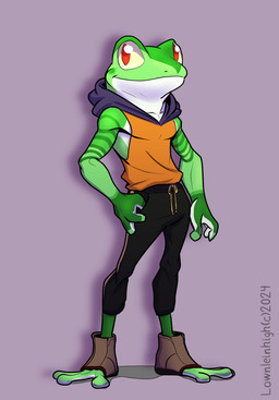 anthro clothing countershade_face countershade_neck countershade_torso countershading footwear furgonomic_footwear furgonomics green_body hoodie male markings red_eyes shadow simple_background solo standing striped_markings stripes topwear track_pants yellow_sclera lownleinhigh wralf_airrick_rockhold amphibian frog tree_frog 2024 hi_res signature