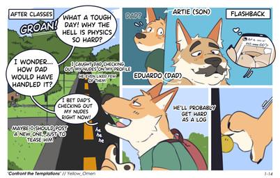 age_difference anthro backpack bag blush blush_lines body_hair bottomwear building bulge butt chest_hair clothed clothing comic_panel dialogue duo embarrassed facial_hair fangs from_front_position fur hair heart_symbol larger_male laugh light_bulb male male/male male_anthro mature_anthro mature_male multicolored_body multicolored_fur muscular muscular_anthro muscular_male mustache neighborhood nipples older_male open_mouth orange_body orange_fur pants peeking_around_corner plant shocked simple_background sitting size_difference smaller_male smile speech_bubble stated_incest street sweatpants tail teeth text thick_thighs topwear tree tuft underwear white_body white_fur younger_male yellow_omen artie_(artieyote) eduardo_(artieyote) canid canine canis coyote coywolf hybrid mammal 2026 absurd_res artist_name colored comic digital_drawing_(artwork) digital_media_(artwork) english_description english_text hi_res multiple_scenes shaded father_(lore) father_and_child_(lore) father_and_son_(lore) incest_(lore) parent_(lore) parent_and_child_(lore) parent_and_son_(lore) son_(lore)