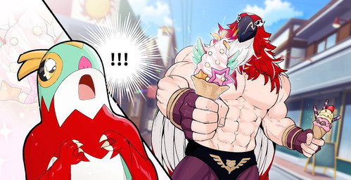 abs boots clothed clothing dessert duo feathers fingerless_gloves food footwear for_a_head gloves green_body green_feathers handwear holding_food holding_ice_cream holding_object ice_cream ice_cream_cone male muscular muscular_male pecs red_body red_feathers shoes street topless white_body white_feathers wrestling_outfit yaka_(artist) fatal_fury garou:_mark_of_the_wolves nintendo pokemon snk tizoc animal_head animal_humanoid avian generation_6_pokemon hawlucha humanoid pokemon_(species)