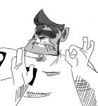 anthro eyebrows eyes_closed fangs gesture hair hand_gesture male ok_sign solo teeth unknown_artist disney endtown just_right the_emperor's_new_groove jim_jensen pacha_(the_emperor's_new_groove) mammal procyonid raccoon greyscale meme monochrome reaction_image