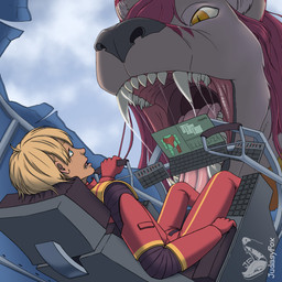 anthro blue_eyes bodily_fluids duo female grey_body hair looking_at_another machine macro male mecha mouth_shot open_mouth orange_eyes pink_hair predator/prey saliva saliva_string scared vore judasyfox canid canine fox human mammal 1:1 absurd_res hi_res