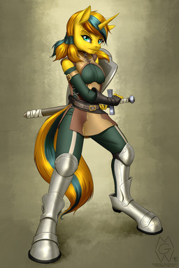 anthro armor biped blue_eyes clothing digitigrade female gloves hair handwear horn looking_at_viewer melee_weapon multicolored_hair shield solo standing sword two_tone_hair weapon mykegreywolf hasbro my_little_pony mythology fan_character equid equine mammal mythological_creature mythological_equine unicorn 2015 2:3 absurd_res hi_res