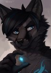 black_body black_fur black_hair black_nose blue_eyes blue_highlights claws energy_ball eyebrows fur hair highlights_(coloring) inner_ear_fluff jewelry male neck_tuft necklace simple_background solo text tuft white_background itswolven kili_(stolenmadwolf) canid canine fox mammal 2017 absurd_res english_text hi_res signature