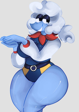 blue_body blue_skin breasts clothed clothing female hair looking_at_viewer simple_background smile solo white_background white_hair wide_hips rakoonmavem deltarune toby_fox_(copyright) undertale_(series) elnina_(deltarune) darkner elemental_creature elemental_humanoid humanoid