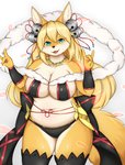 4_fingers anthro arm_warmers armwear bell belly big_breasts bikini black_nose blonde_hair blue_eyes breasts cheek_tuft choker cleavage clothed clothing countershading facial_tuft female fingers fur gesture hair hair_bell jewelry kemono legwear long_hair looking_at_viewer mature_anthro mature_female midriff multicolored_body multicolored_fur neck_tuft necklace open_mouth open_smile petals simple_background skimpy slightly_chubby smile solo standing swimwear tan_body tan_countershading tan_fur teal_eyes thigh_highs tuft two-piece_swimsuit two_tone_body two_tone_fur white_background wide_hips yellow_body yellow_fur shibaemonxsk faeki_(character) canid canine fox mammal hi_res