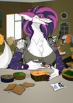 anthro bodypaint breasts claws female food green_eyes group hair purple_body purple_hair solo_focus war_paint warpaint white_body emil-gee alexandra_reznova sergal hi_res