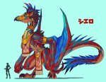 anthro armband beak big_breasts blue_background blue_body blue_feathers bottomwear breasts broad_shoulders brown_hair claws clothing crouching digitigrade dreadlocks duo ear_piercing ear_ring facial_piercing feathers female furgonomics furry-specific_piercing hair jewelry larger_anthro larger_female lip_piercing loincloth long_neck markings membrane_(anatomy) membranous_wings muscular muscular_female navel navel_piercing necklace non-mammal_breasts piercing red_body red_scales ring_piercing scales semi-anthro side_boob simple_background size_difference smaller_female smaller_human solo_focus tail teal_eyes tribal tribal_markings wide_hips wings hutago european_mythology mythology dinosaur dragon dromaeosaurid human mammal mythological_creature mythological_scalie prehistoric_species reptile scalie theropod velociraptor western_dragon wyvern hi_res