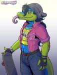 anthro bottomwear clothing denim denim_bottomwear denim_clothing hat headgear headwear jeans male pants pubes scruffy shirt skateboard skater solo tongue tongue_out topwear vehicle wanikami teenage_mutant_ninja_turtles mondo_gecko lizard reptile scalie hi_res