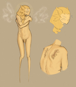 6_eyes biped blonde_hair blush genitals hair herm intersex multi_eye navel nude penis ponytail rear_view scar self_hug simple_background slim small_penis solo thin_legs tied_hair yellow_body yellow_eyes pough dragon_hilt valandir angel avian biblically_accurate_angel humanoid summon absurd_res hi_res model_sheet portrait