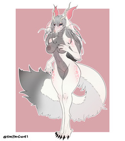 2_horns 4_toes 5_fingers antelope_horn anthro areola arm_tuft athletic bedroom_eyes big_breasts big_tail biped black_claws blue_eyes blush bovid_horn breasts butt claws curvy_figure digitigrade ear_tuft elbow_tuft exposed eyelashes eyewear feet female female_anthro fingers fluffy fluffy_tail fur genitals gesture glistening glistening_body glistening_butt glistening_hair glistening_scales grey_areola grey_body grey_hair grey_scales hair holding_arm holding_breast horn hourglass_figure huge_hips innie_vulva long_hair long_neck looking_at_viewer makeup markings mascara mature_anthro mature_female mole_(marking) multicolored_body multicolored_fur multicolored_tail muscle_tone narrowed_eyes navel nipples non-mammal_breasts non-mammal_navel non-mammal_nipples non-mammal_vulva nude pink_body pink_ears pink_scales pose presenting scales seductive simple_background small_waist smile smiling_at_viewer snout solo standing tail talons text thick_thighs toe_claws toes toned_female tuft vulva whiskers white_body white_sclera wide_hips doctorcure capcom monster_hunter mythology fan_character mizuki_(doctorcure) dragon eastern_dragon leviathan_(mh) mizutsune mythological_creature mythological_scalie scalie 2025 absurd_res artist_name colored digital_drawing_(artwork) digital_media_(artwork) english_text hi_res pinup signature