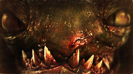 ambiguous_form ambiguous_gender blood blood_on_face bodily_fluids close-up furrowed_eyebrows green_body green_skin light looking_at_viewer mouth_closed noseless pupils sharp_teeth slit_pupils solo teeth yellow_eyes guillaume_arvieu attack_of_the_killer_rabbids_from_outer_space raving_rabbids rayman_(series) ubisoft killer_freak lagomorph mammal rabbid 2010 3d_(artwork) colored digital_media_(artwork) english_description hi_res lighting official_art shaded