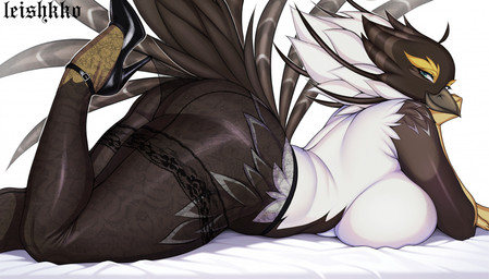 anthro beak bedding big_breasts big_butt biped black_beak black_body black_clothing black_feathers black_footwear black_high_heels black_legwear black_pantyhose black_shoes blue_eyes breasts butt closed_smile clothed clothing clothing_pull dark_body dark_feathers eyelashes feather_tuft feathers female footwear glistening glistening_clothing glistening_eyes glistening_footwear glistening_high_heels glistening_legwear glistening_pantyhose glistening_shoes head_tuft high_heels iris lace legwear legwear_pull light_body light_feathers looking_at_viewer looking_back looking_back_at_viewer lying mouth_closed multicolored_body multicolored_feathers non-mammal_breasts on_front one_leg_up outline pantyhose pantyhose_pull pose pupils raised_leg shadow shoes side_boob simple_background smile smiling_at_viewer solo tail tail_feathers thick_thighs three-quarter_view topless topless_anthro topless_female tuft white_background white_bedding white_body white_breasts white_feathers white_outline white_sclera wide_hips leishkko hooked_on_heel_(trend) santiam_(lucidum) avian bird galliform greater_sage-grouse grouse phasianid sage-grouse 2025 digital_drawing_(artwork) digital_media_(artwork) hi_res meme pinup