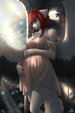 anthro biped breasts claws clothed clothed_anthro clothed_female clothing female fingers front_view fur hair pregnant pregnant_female smile solo standing tail teeth lesspie hikari_teruki angel canid canine canis mammal wolf 2026 absurd_res digital_drawing_(artwork) digital_media_(artwork) hi_res