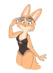 anthro blush breasts cleavage clothed clothing eyebrow_piercing eyewear facial_piercing female fingers frilly frilly_clothing fur kemono looking_at_viewer orange_body orange_fur piercing pink_nose simple_background solo standing sunglasses swimwear white_background memegmu dreamworks the_bad_guys diane_foxington canid canine fox mammal 2023 digital_media_(artwork) hi_res