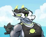 anthro black_clothing bone clothing green_eyes green_nipples horn logo male mask muscular muscular_anthro muscular_male nipples shirt skull skull_mask solo tank_top topwear white_mask blackontrack mythology kaid_(character) dragon mythological_creature mythological_scalie scalie