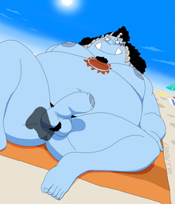 anal anal_prodding beach blue_body blue_skin blush bodily_fluids disembodied_penis duo foreskin genital_fluids genitals leaking leaking_precum lying male male/male moobs nipples nude one-piece overweight overweight_bottom overweight_male penis precum prodding public public_nudity public_sex sex sex_on_the_beach smile spread_legs spreading tattoo tusks ha_a_monkey one_piece jinbe aquatic fish-men_(one_piece) humanoid hi_res